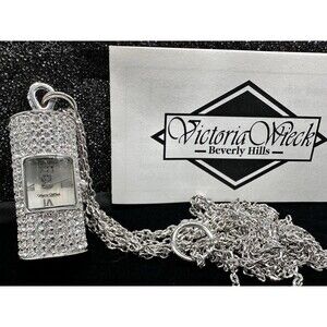 Victoria Wieck Pave Rhinestone Pendant Watch on Bezel Crystal Chain Necklace